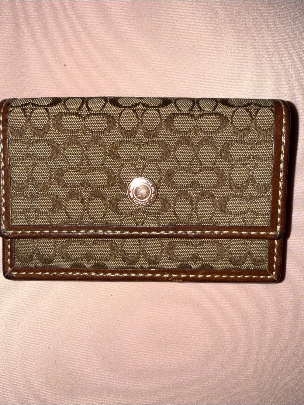 Coach Brown Signature Canvas Card Wallet with Leather Trim